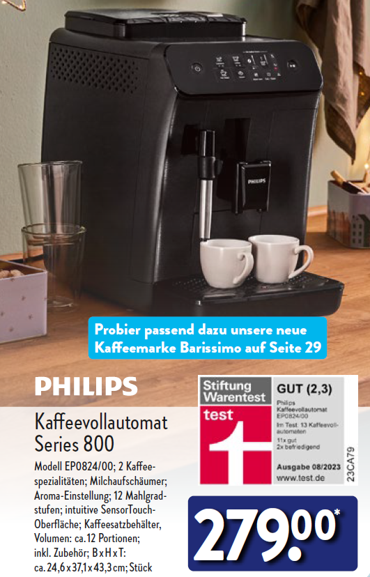Das Bild zeigt einen Philips Kaffeevollautomaten, Modell Series 800 (Modellnummer EP0824/00). Es werden Features wie zwei Kaffeespezialitäten, Milchaufschäumer, Aroma-Einstellung, 12 Mahlgradstufen und eine intuitive SensorTouch-Oberfläche hervorgehoben. Außerdem ist erkennbar, dass der Kaffeesatzbehälter für ca. 12 Portionen ausgelegt ist und das Gerät inklusive Zubehör geliefert wird. Die Maße des Geräts sind etwa 24,6 x 37,1 x 43,3 cm.
