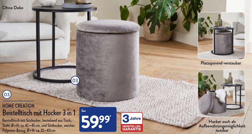 Beistelltisch mit Hocker 3 in 1 inklusive Truhe