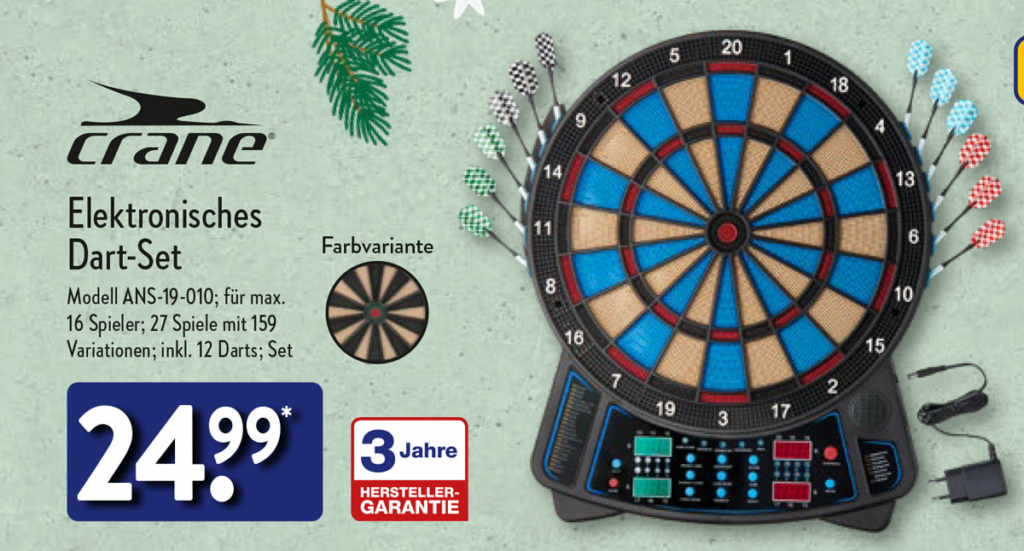 Elektronisches Dart-Set von Crane mit blau-roter Zielscheibe, 12 Pfeilen, Scoreboard und Netzteil, angeboten für 24,99 Euro mit 3 Jahren Garantie.