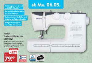 ALDI Nord Freiarm-Nähmaschine MD18357 ab 6. März 2023 von MEDION