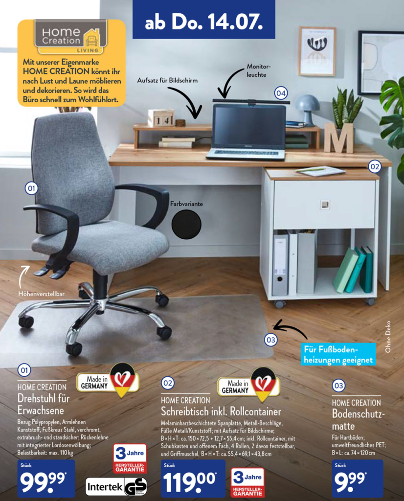 Modern eingerichtetes Home-Office mit Möbeln von HOME CREATION, darunter ein höhenverstellbarer Drehstuhl, ein Schreibtisch mit Rollcontainer und Bildschirmaufsatz, sowie eine Bodenschutzmatte, alle Produkte sind für Fußbodenheizungen geeignet und 'Made in Germany' mit 3 Jahren Herstellergarantie.