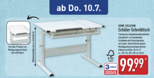 ALDI Nord Angebot ab dem 10. Juli 2025: Weißer höhenverstellbarer Schreibtisch mit neigbarer Platte und Schublade