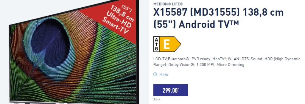 ALDI Nord Smart TV Fernseher medion x15587 ALDI Smart TV Fernseher 55 Zoll im Februar 2023