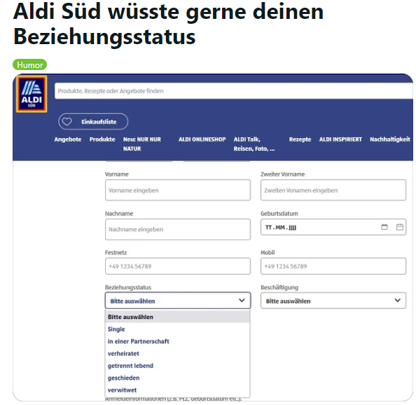 Ungewöhnliche Frage: ALDI Süd sorgt für Stirnrunzeln mit Abfrage des Beziehungsstatus